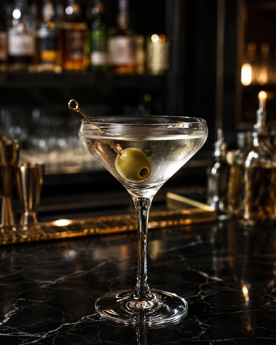 Copa de Dry Martini clásico con aceituna en barra de coctelería
