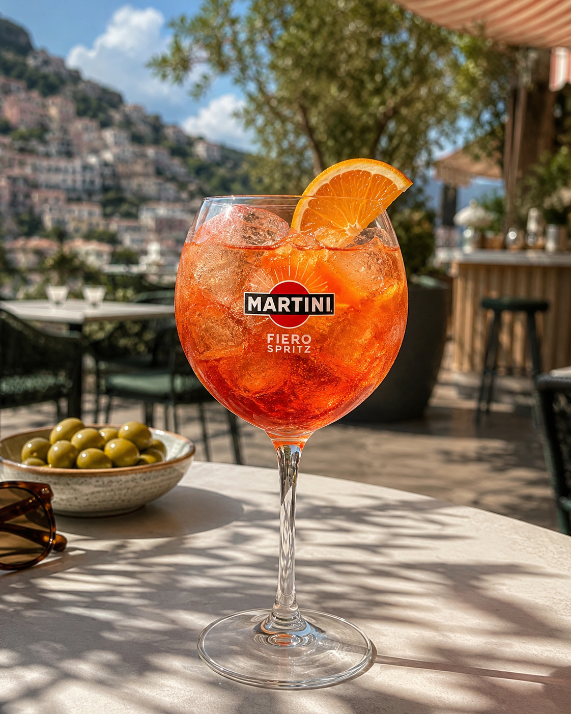 Copa de Martini Fiero Spritz con naranja en una terraza con vistas al mar en verano