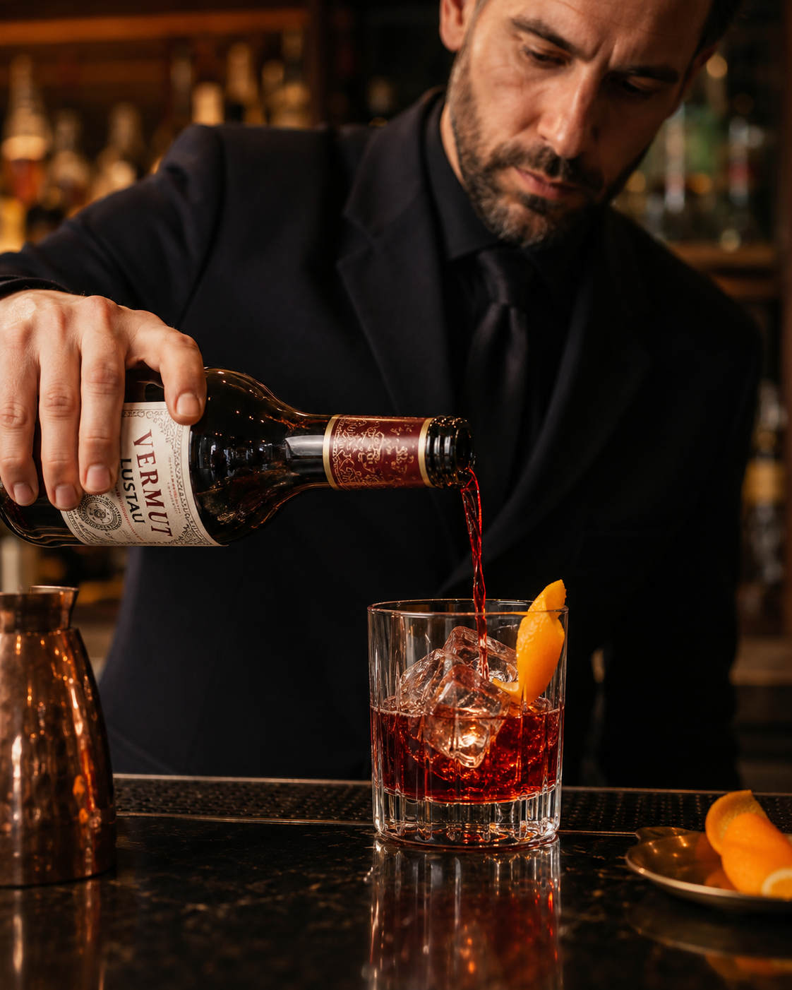 Camarero sirviendo vermut Martini rojo sobre hielo con piel de naranja