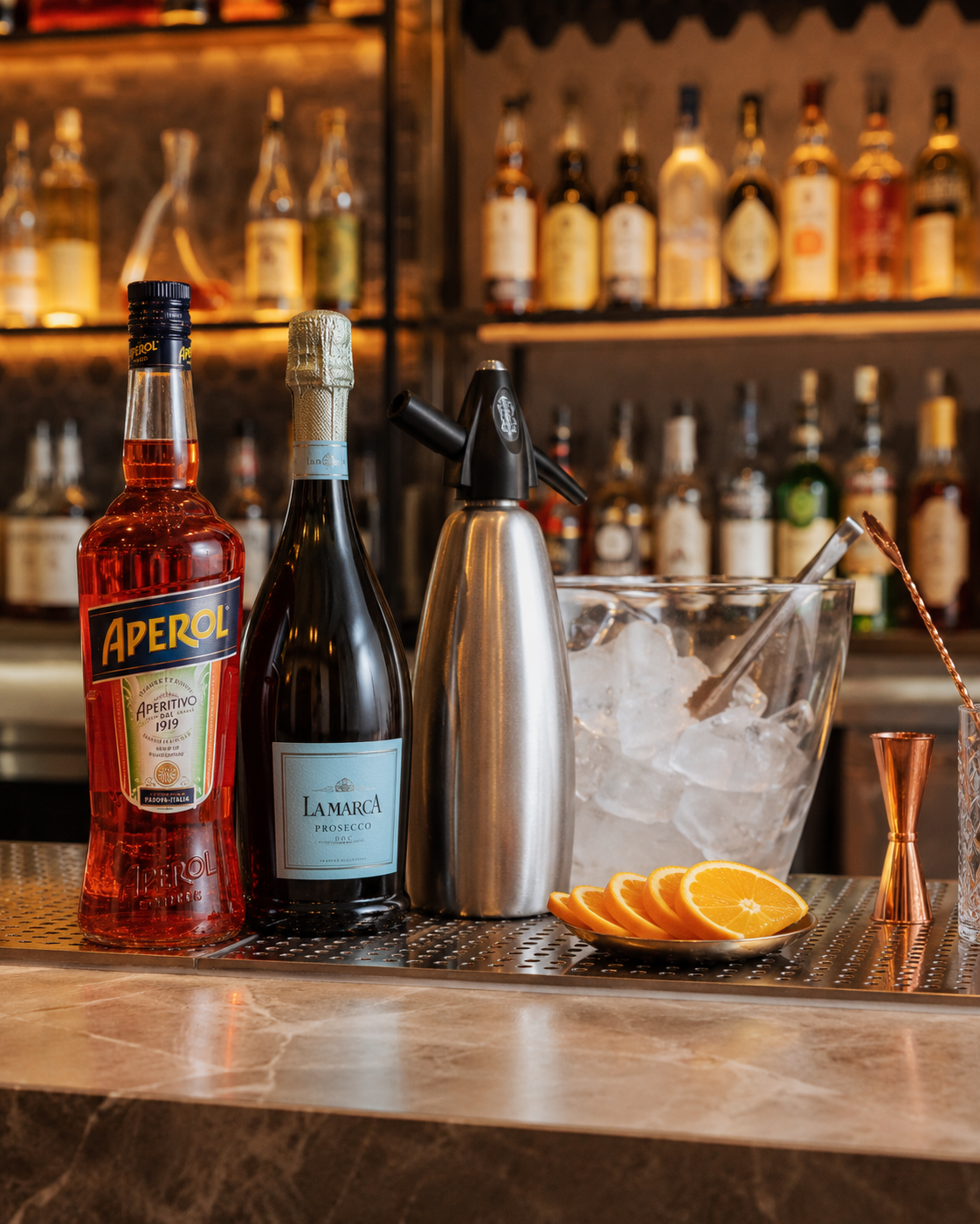 Botella de Aperol junto a prosecco, sifón de soda y rodajas de naranja en la barra