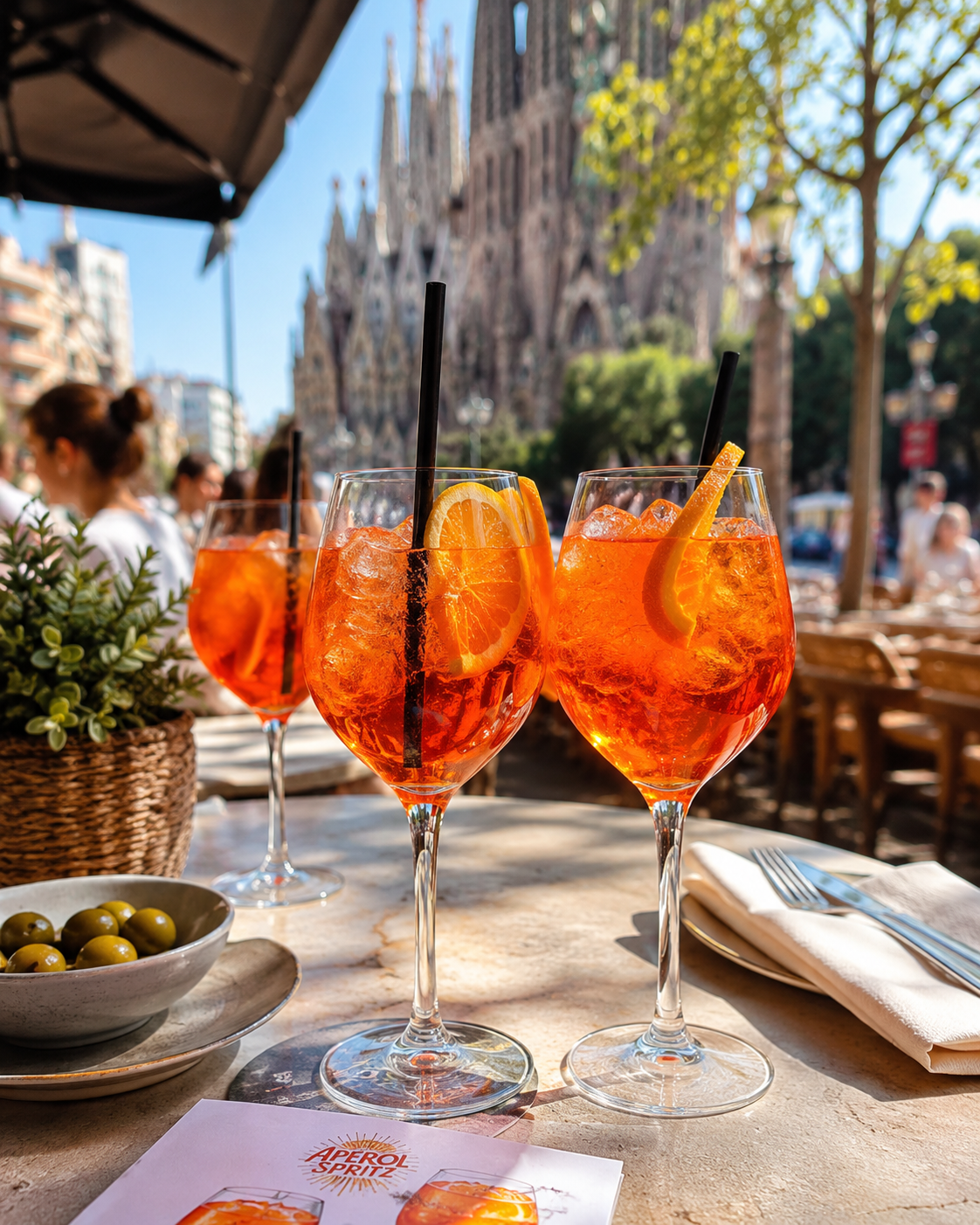 Aperol Spritz en terraza de Barcelona Copas de Aperol Spritz en una terraza de Barcelona con la Sagrada Familia de fondo