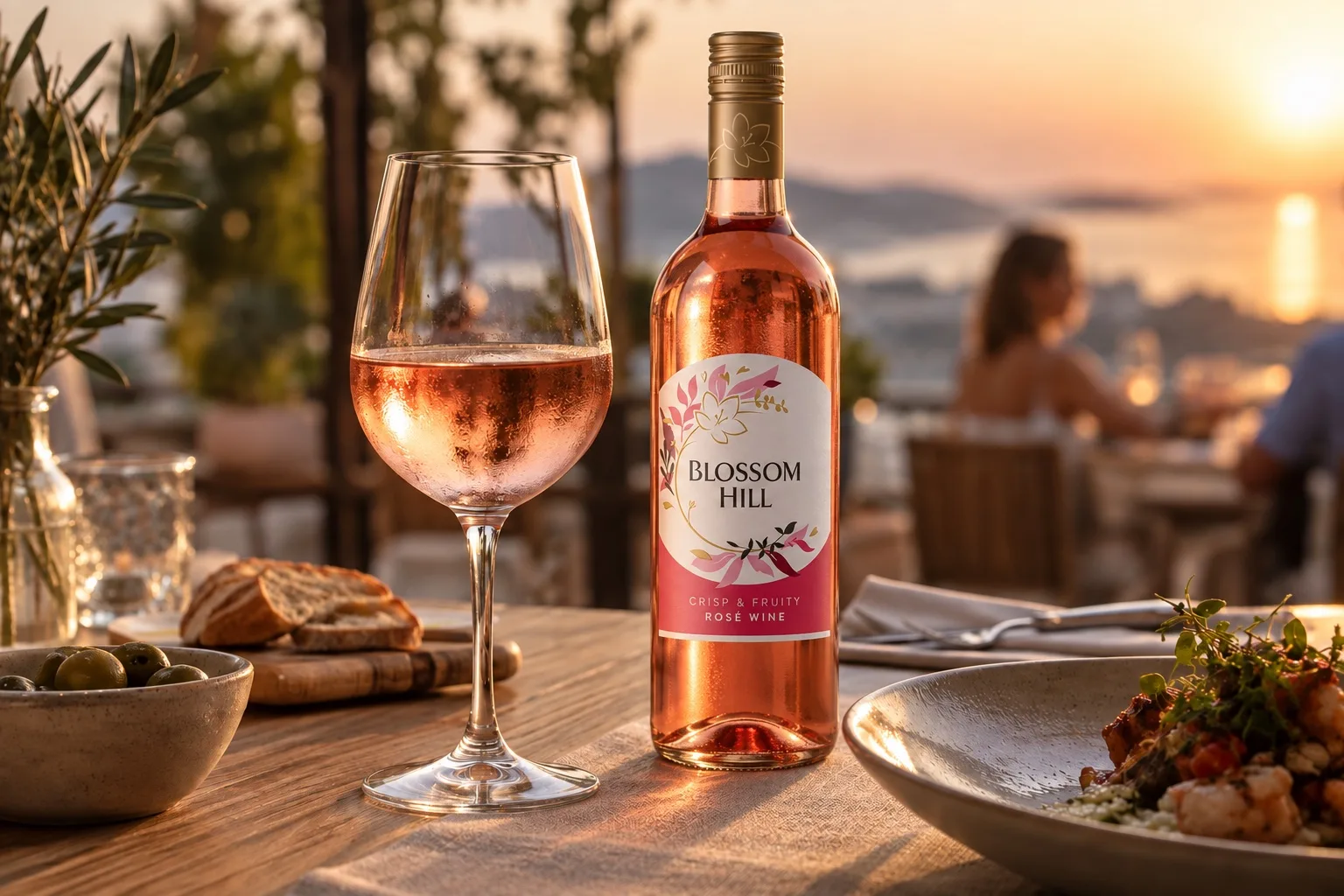 Copa de vino rosado Blossom Hill servida en mesa de restaurante