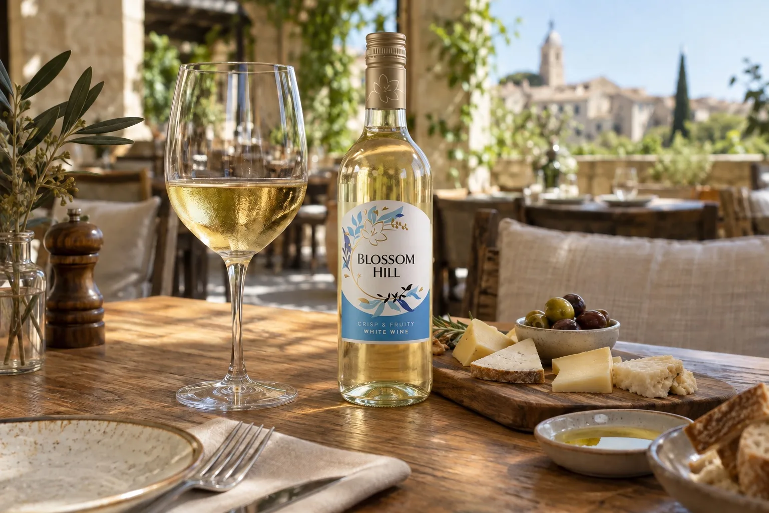 Mesa de restaurante con vino y aperitivo