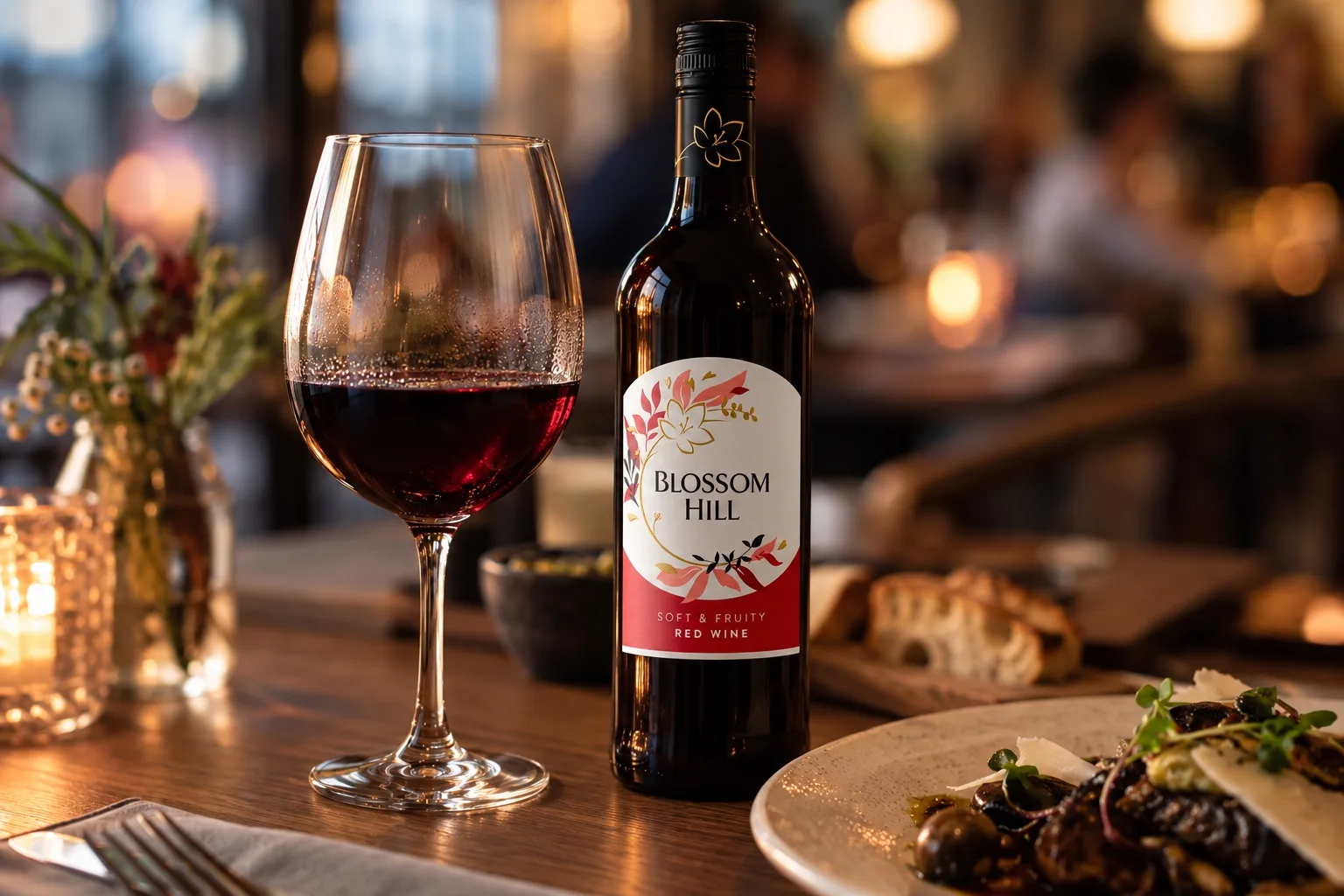Detalle de copa de vino tinto sobre mesa