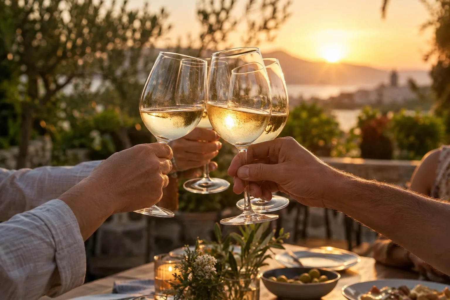 Brindis con copas de vino en terraza de restaurante