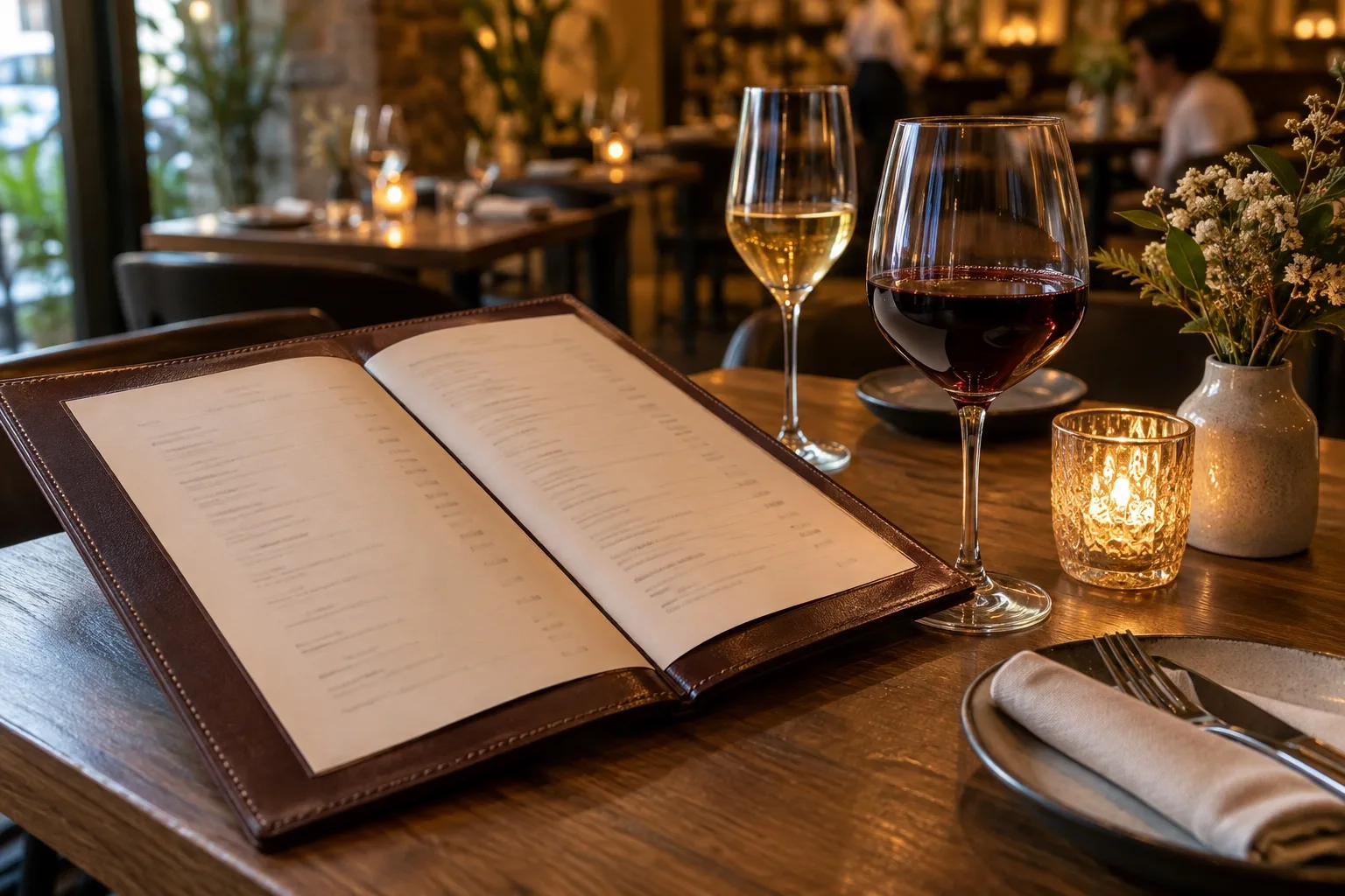 Carta de vinos sobre mesa de restaurante junto a copas servidas
