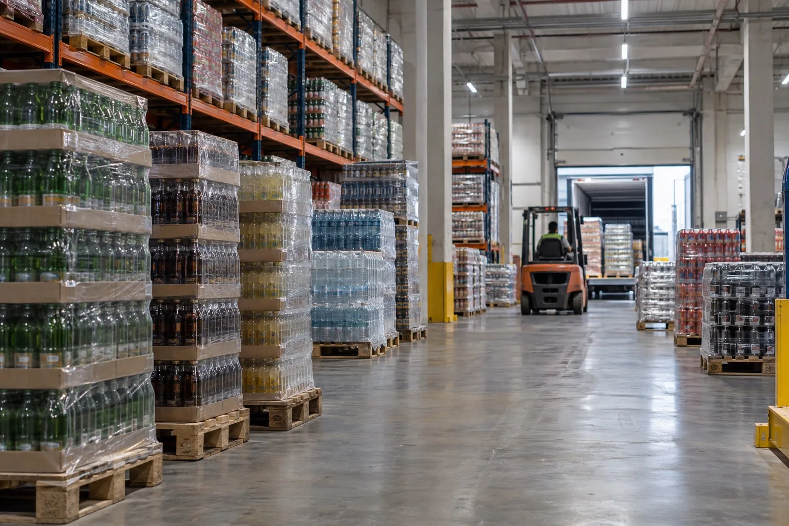 Palets de bebidas en almacén de distribución mayorista